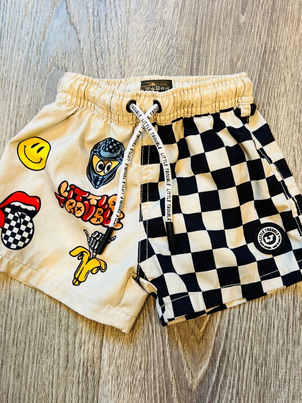 Little Trouble Kids Sticker Slap Board Shorts Checker Swim Trunks skater 2-3T